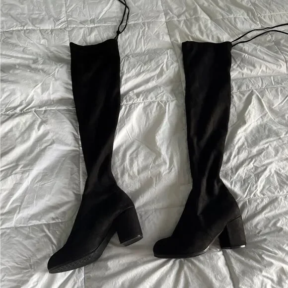 Black Over-the-Knee Heeled Boots with Lace-Up – Size 7 Unbranded - Picture 10 of 12